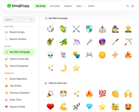 EmojiCopy custom lists: a sidebar of your own emoji lists next to the emoji grid.